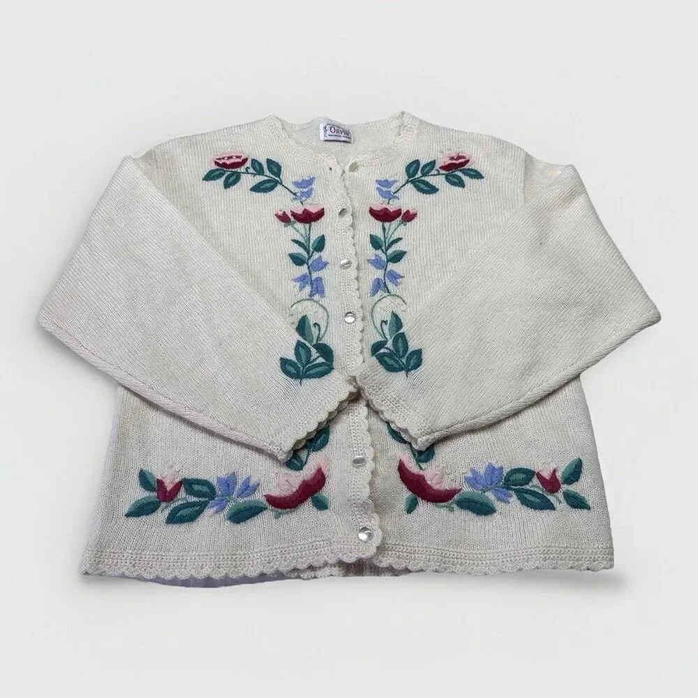 Orvis Embroidered Wool Cardigan Sz L Cream Vintage Cottagecore Statement Flower